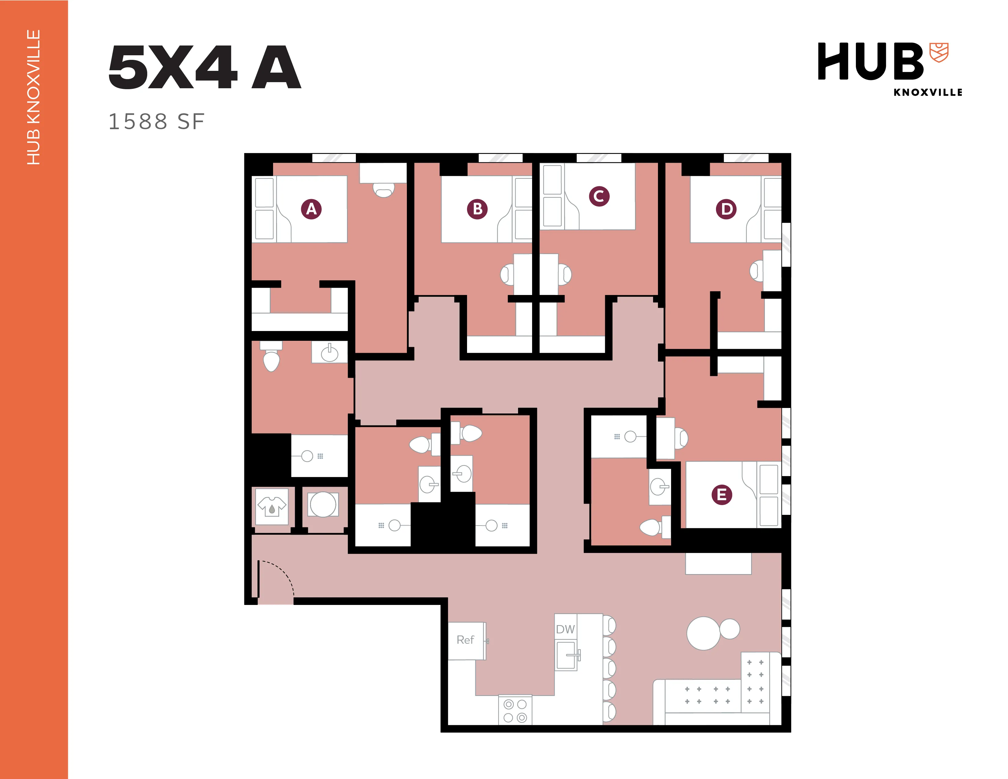 Modern floor plan of HUB Knoxville showcasing 5 bedrooms and 4 bathrooms with an open kitchen and living area, totaling 1588 sq ft.