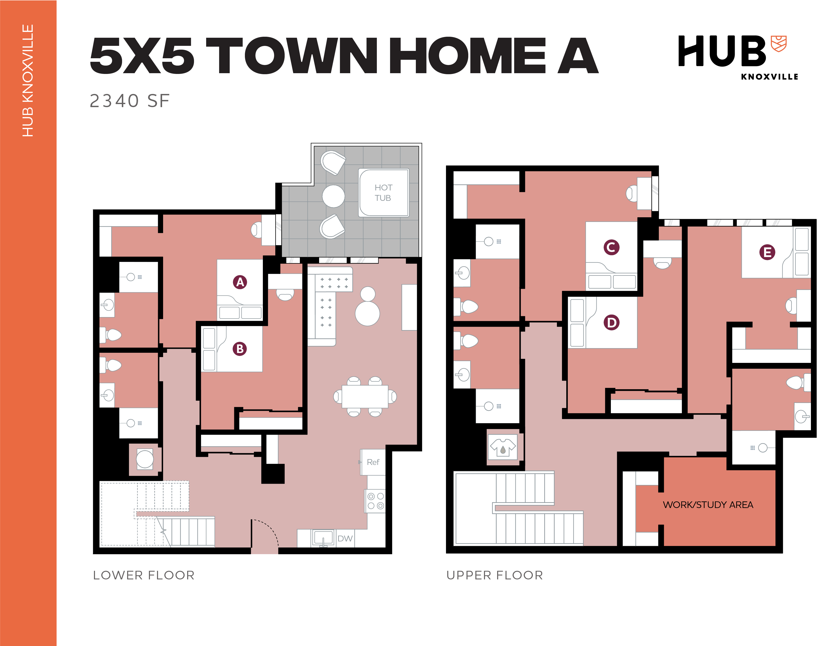 Modern 5x5 Town Home A floor plan with 2340 sq ft, featuring five bedrooms, multiple bathrooms, a spacious kitchen, vibrant living area, and a hot tub on the patio in Hub Knoxville.