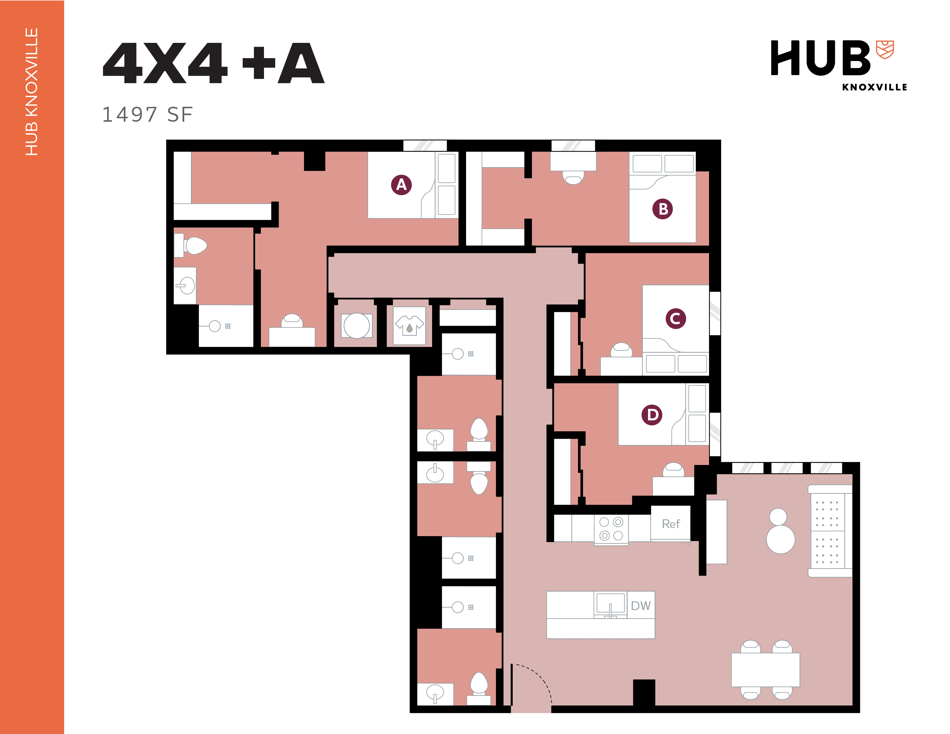 Modern floor plan at Hub Knoxville featuring 4 bedrooms, each with private bath, and a spacious open-concept kitchen and living area, 1497 sq ft.
