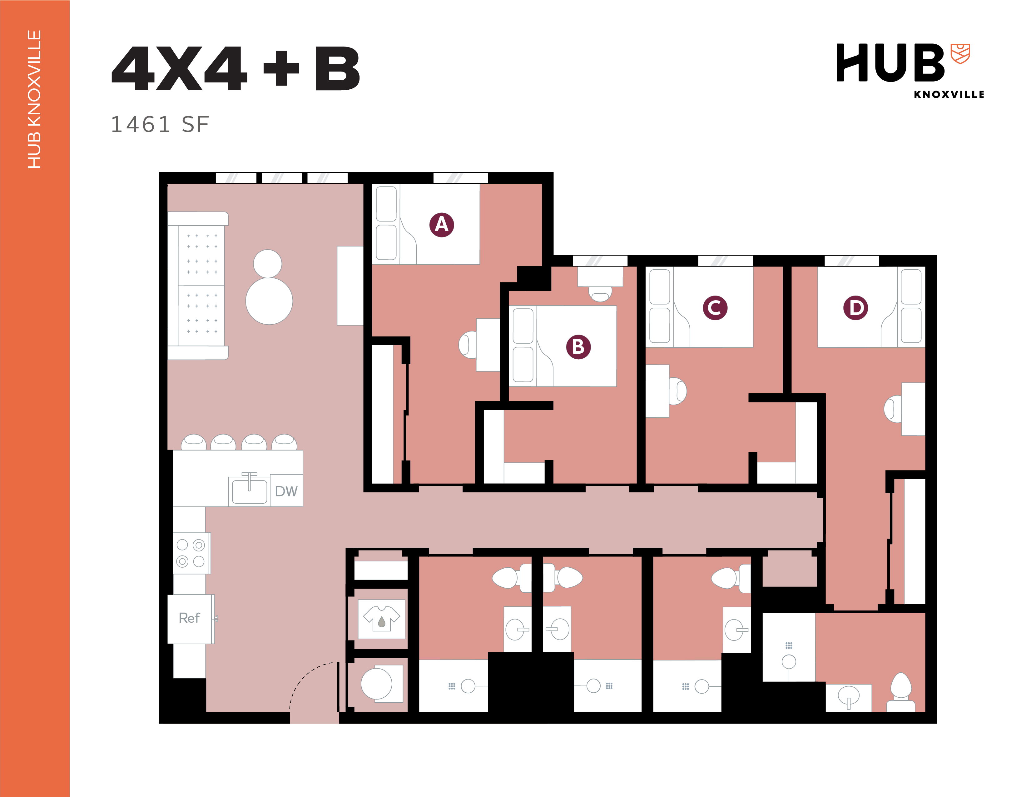 Modern floor plan of HUB Knoxville featuring a 4-bedroom, 4-bathroom setup with a spacious common area and well-designed kitchen within 1461 sq ft.
