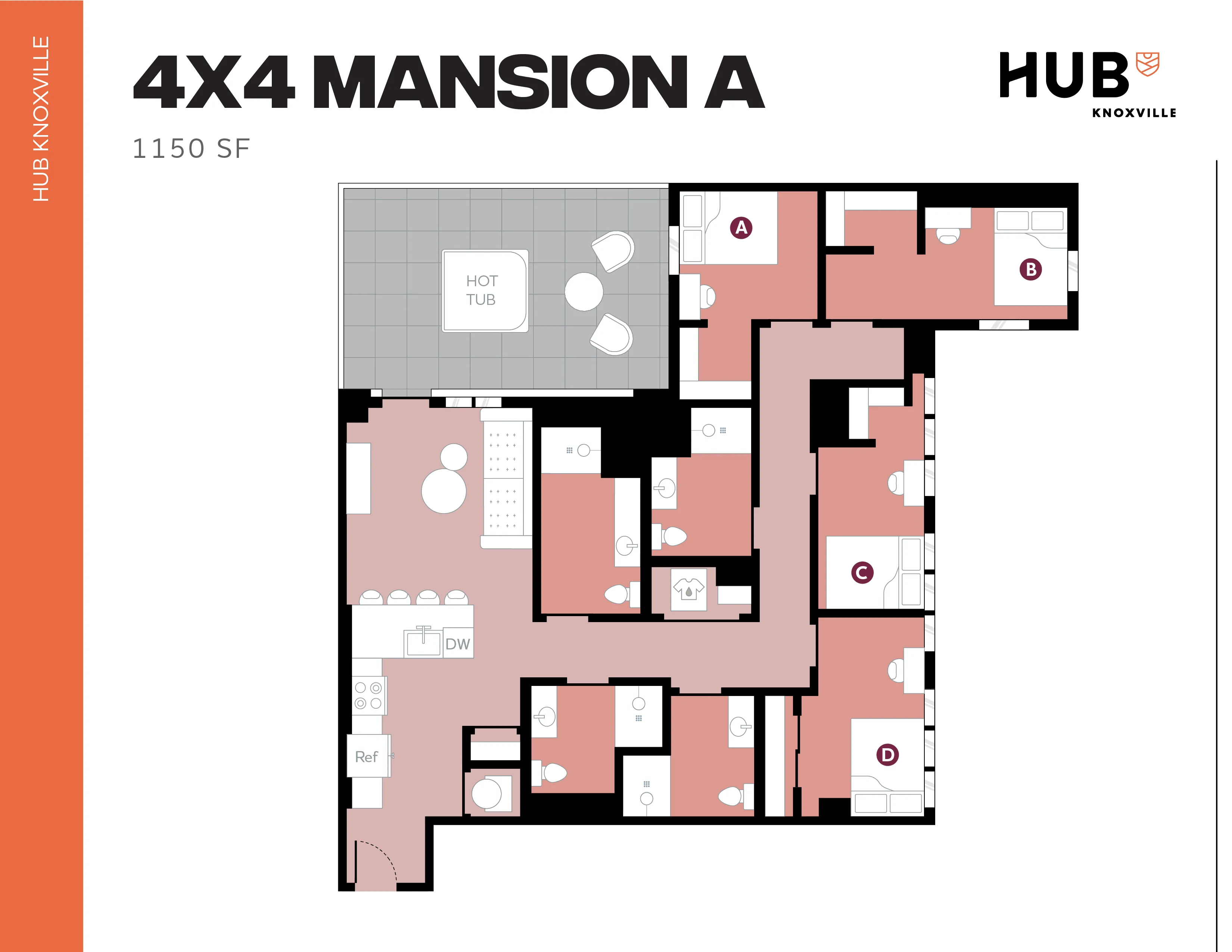 Modern 4x4 Mansion A floor plan featuring 4 bedrooms, spacious living area, and a hot tub on the balcony in a 1150 sq ft layout.