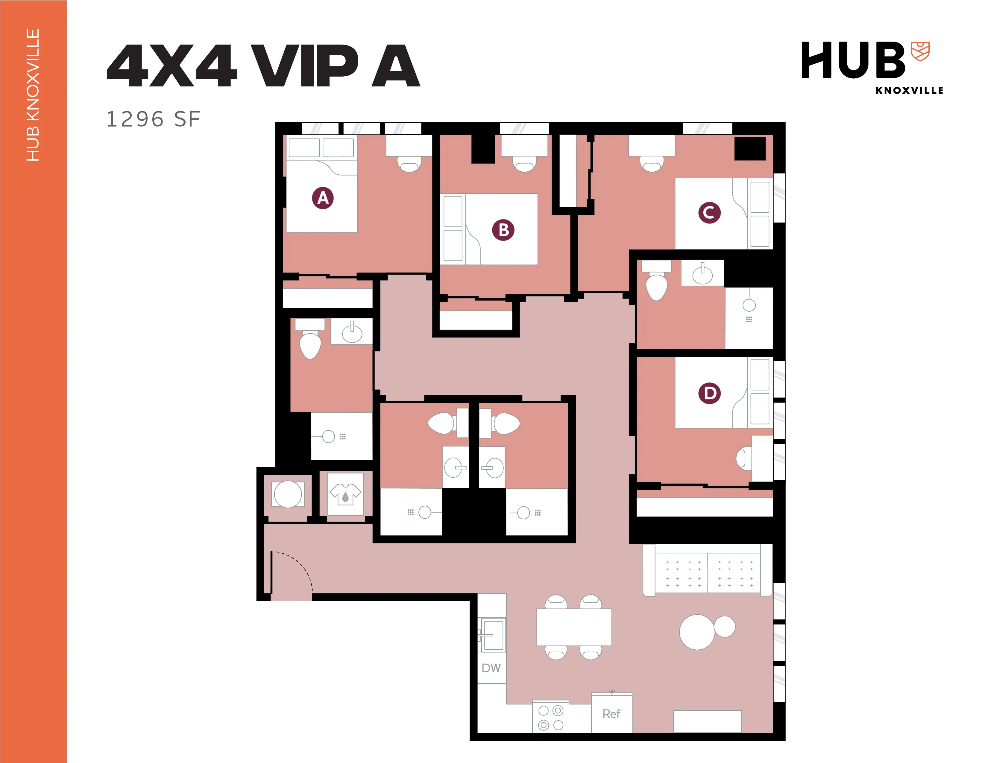 Modern and spacious 4x4 VIP A floor plan by Hub Knoxville, featuring 4 bedrooms with en-suite bathrooms, open-concept living and dining area, and 1296 square feet of stylish living space.