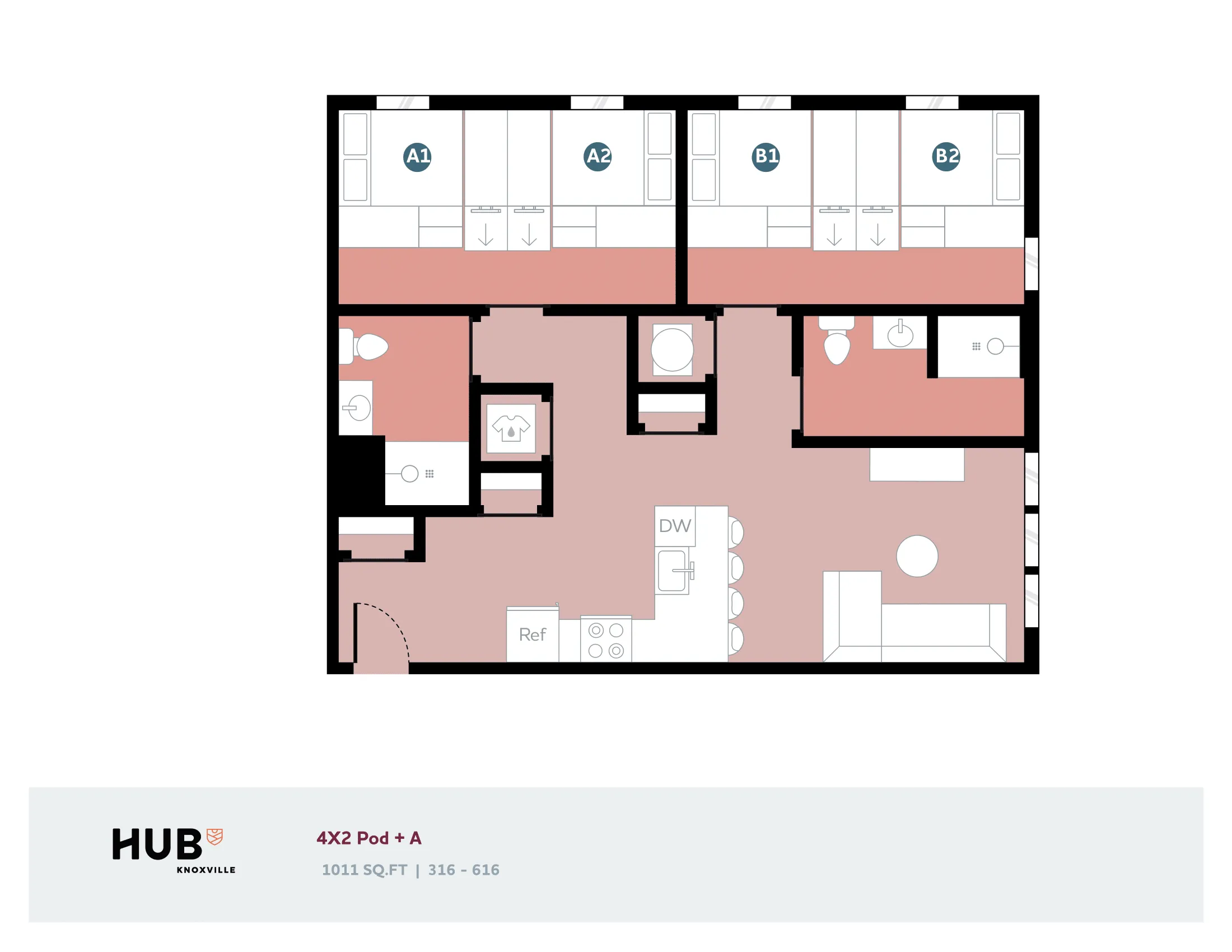 Modern floor plan for Hub Knoxville's 4X2 Pod + A layout, featuring four bedrooms, stylish kitchen with island, and cozy living area, covering 1011 sq ft.