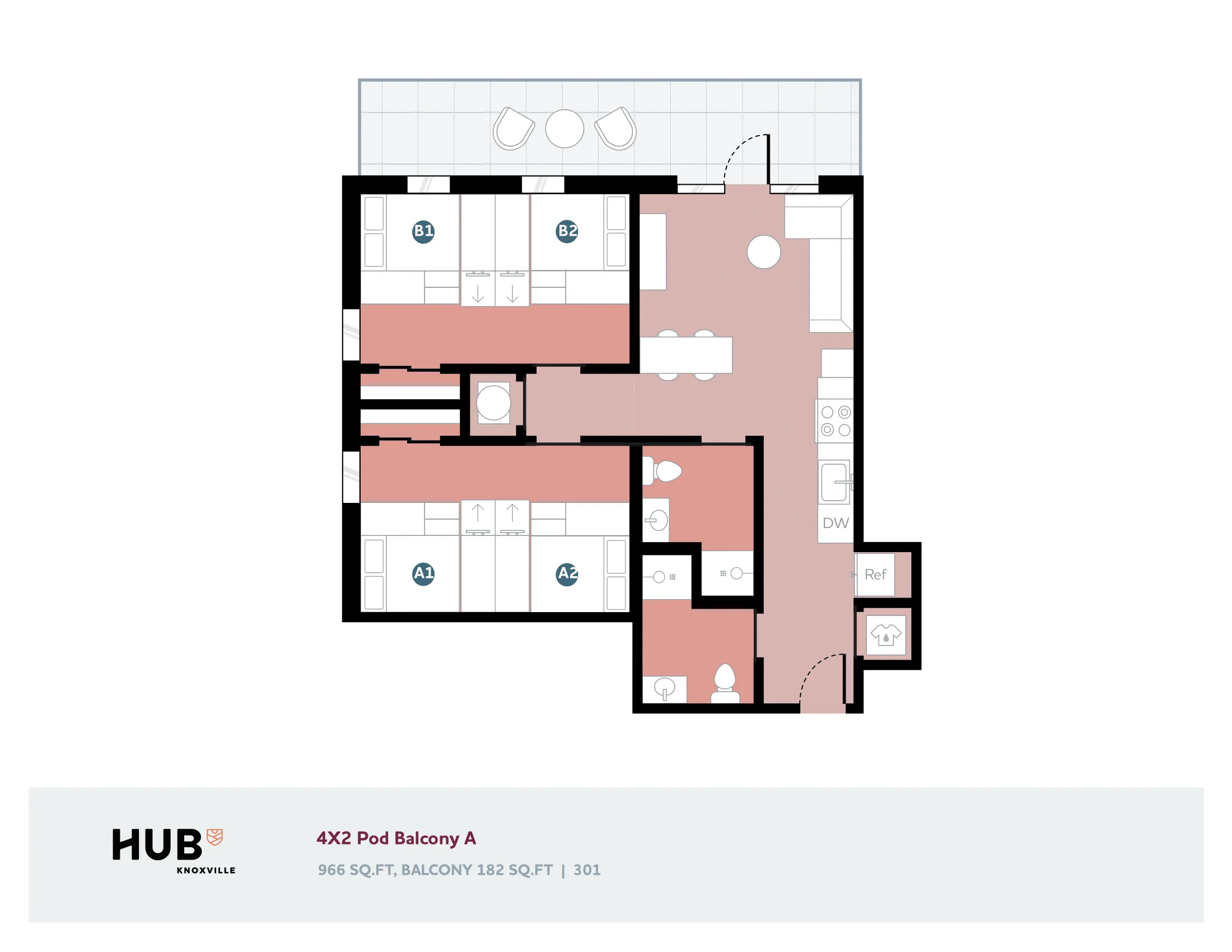 Modern 4X2 Pod Balcony A layout with four bedrooms, open living room, and spacious balcony at HUB Knoxville, 966 sq ft, balcony 182 sq ft.