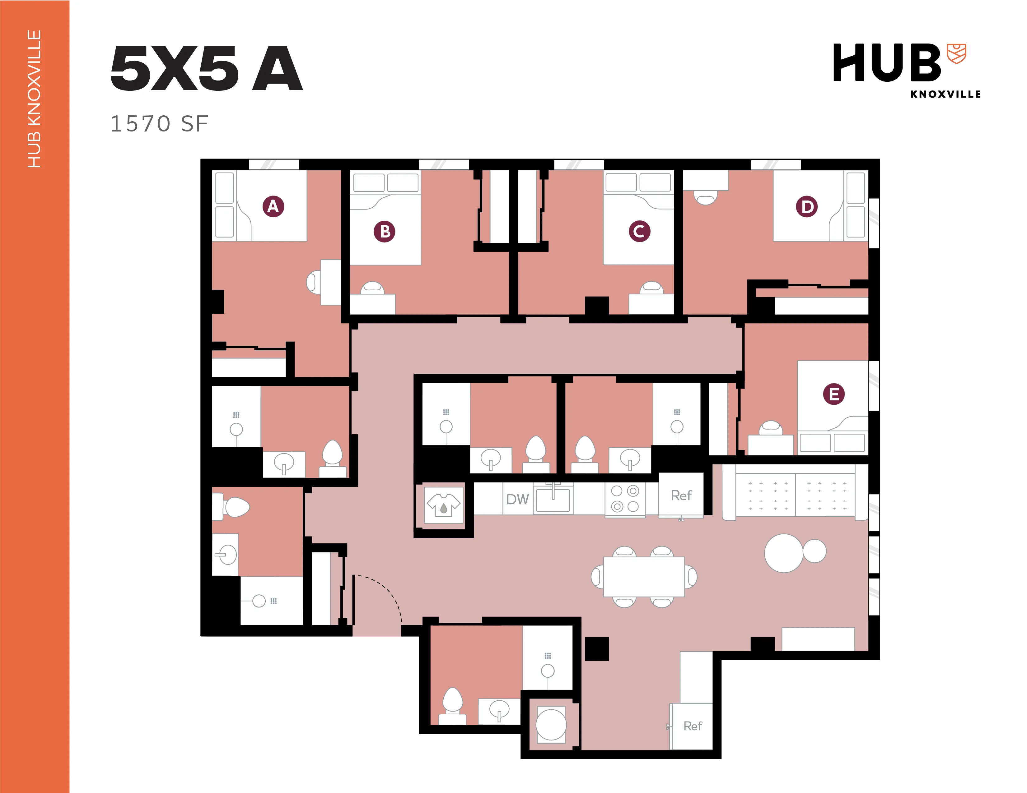 Hub Knoxville floor plan for 5x5 apartment, featuring 5 bedrooms, spacious living area, modern kitchen, and ample bathroom facilities, 1570 square feet.