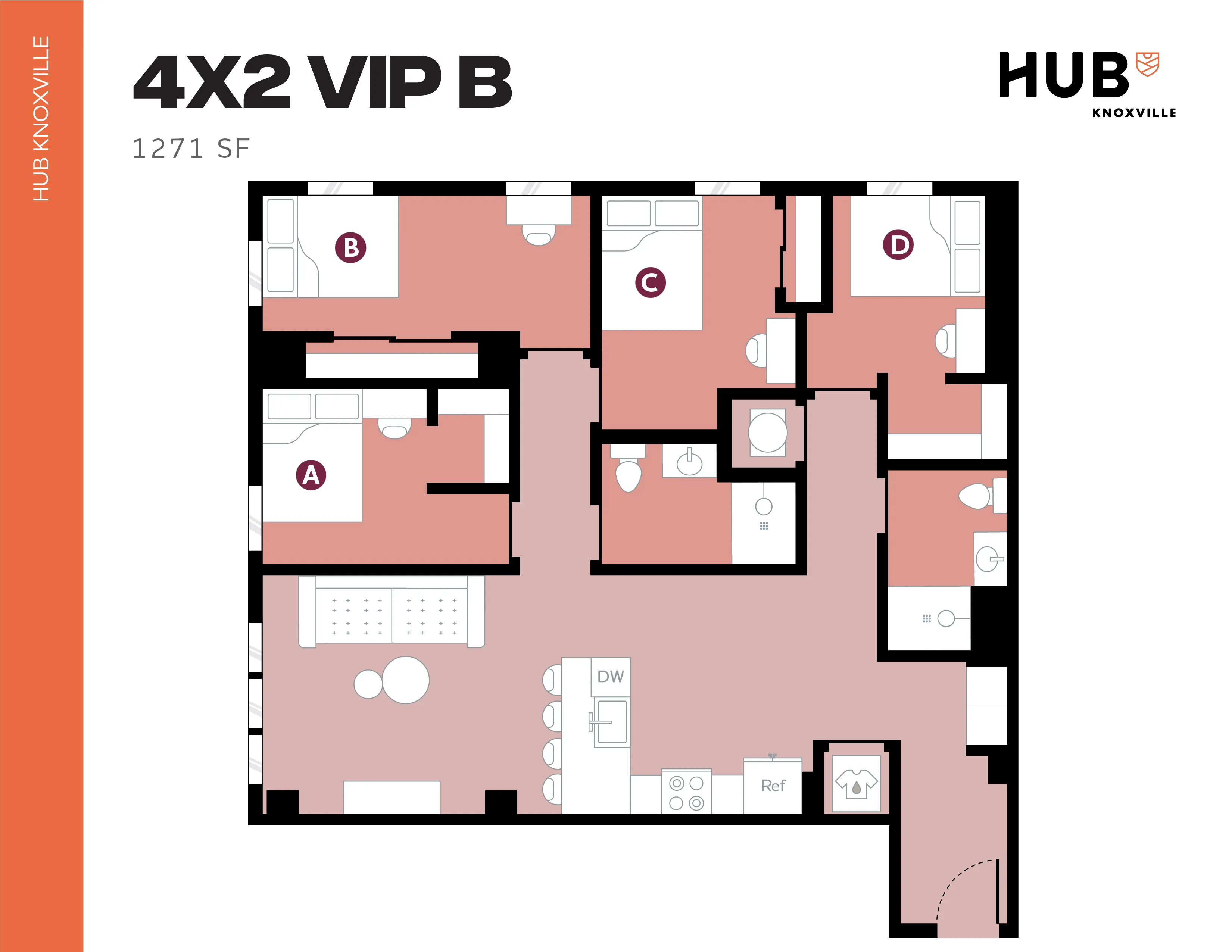 Contemporary 4-bedroom apartment floor plan at HUB Knoxville, featuring open layout, spacious living area, and modern kitchen in 1271 sq ft.