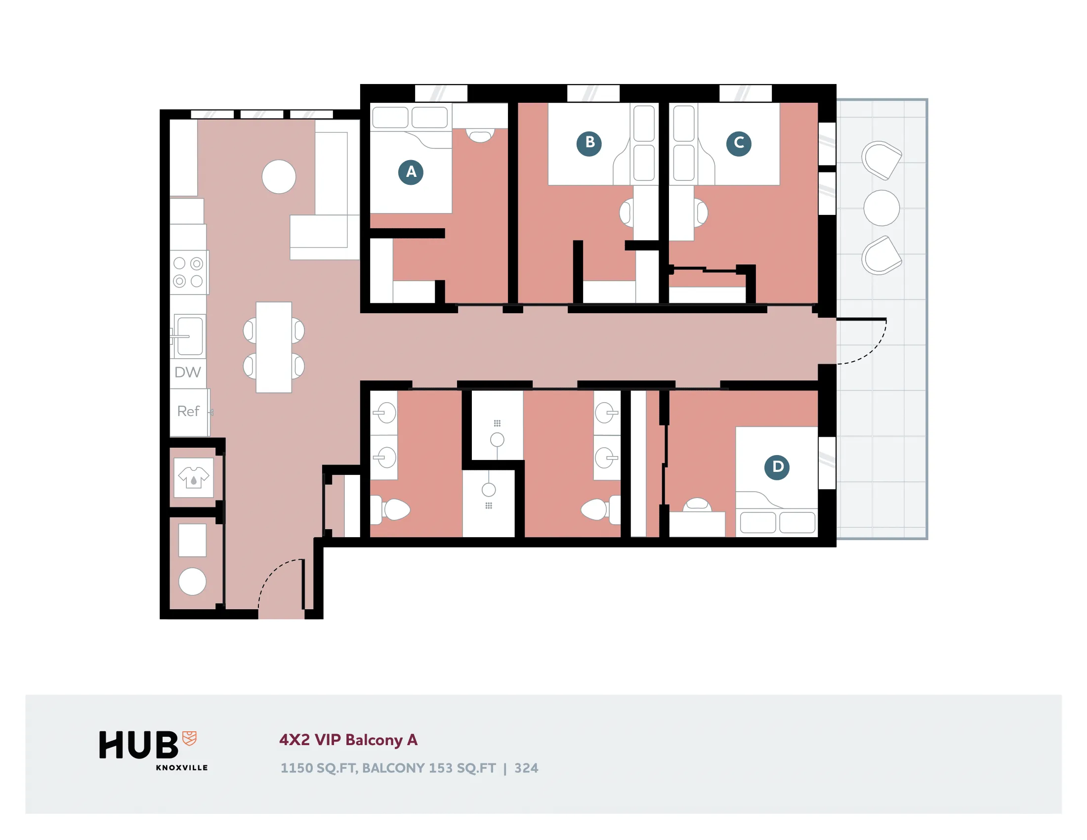 Spacious 4-bedroom VIP floor plan with a large balcony, stylish living area, and modern kitchen, totaling 1150 sq ft.