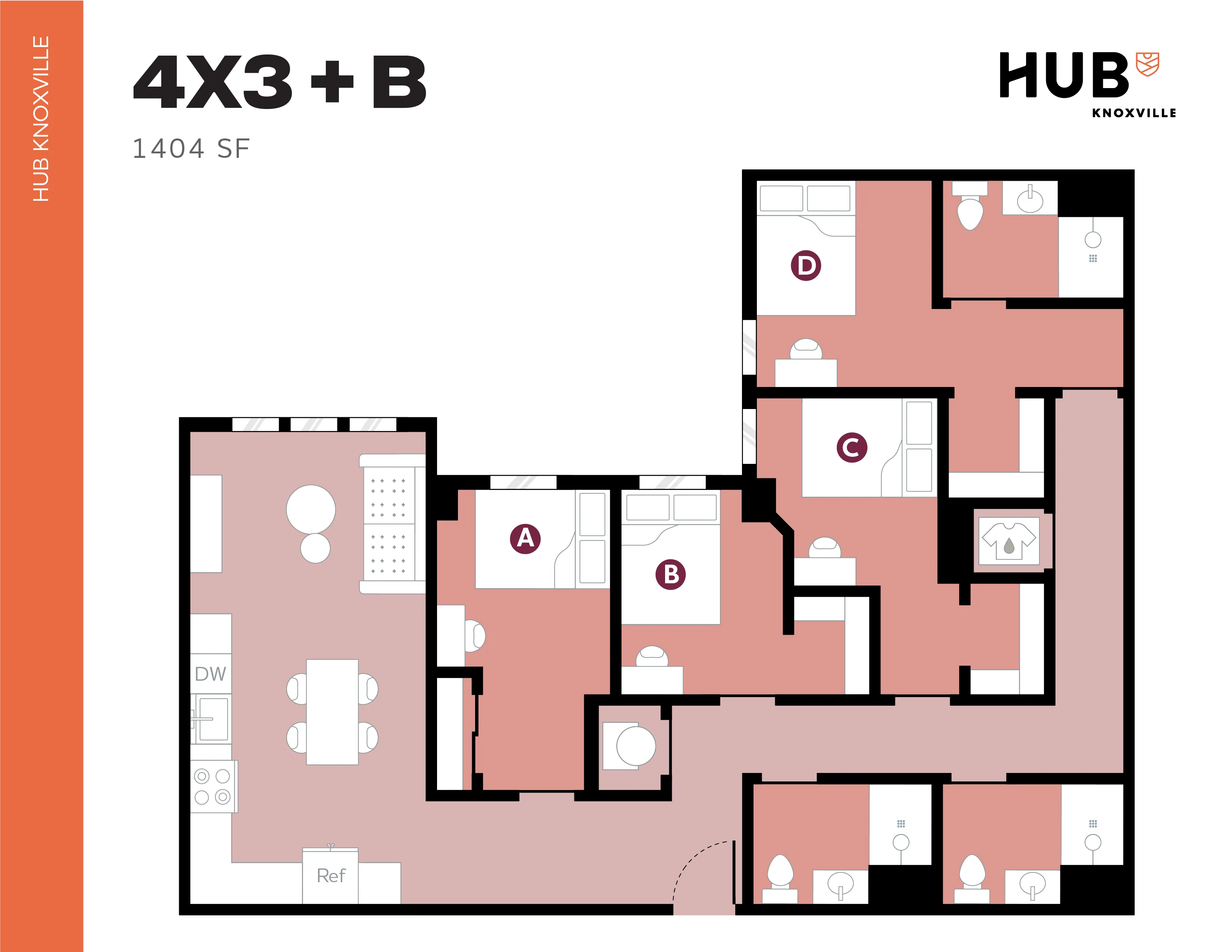 Modern 4X3+B floor plan at Hub Knoxville, showcasing spacious 4 bedrooms, open-concept living area, and 3 bathrooms, totaling 1404 square feet.