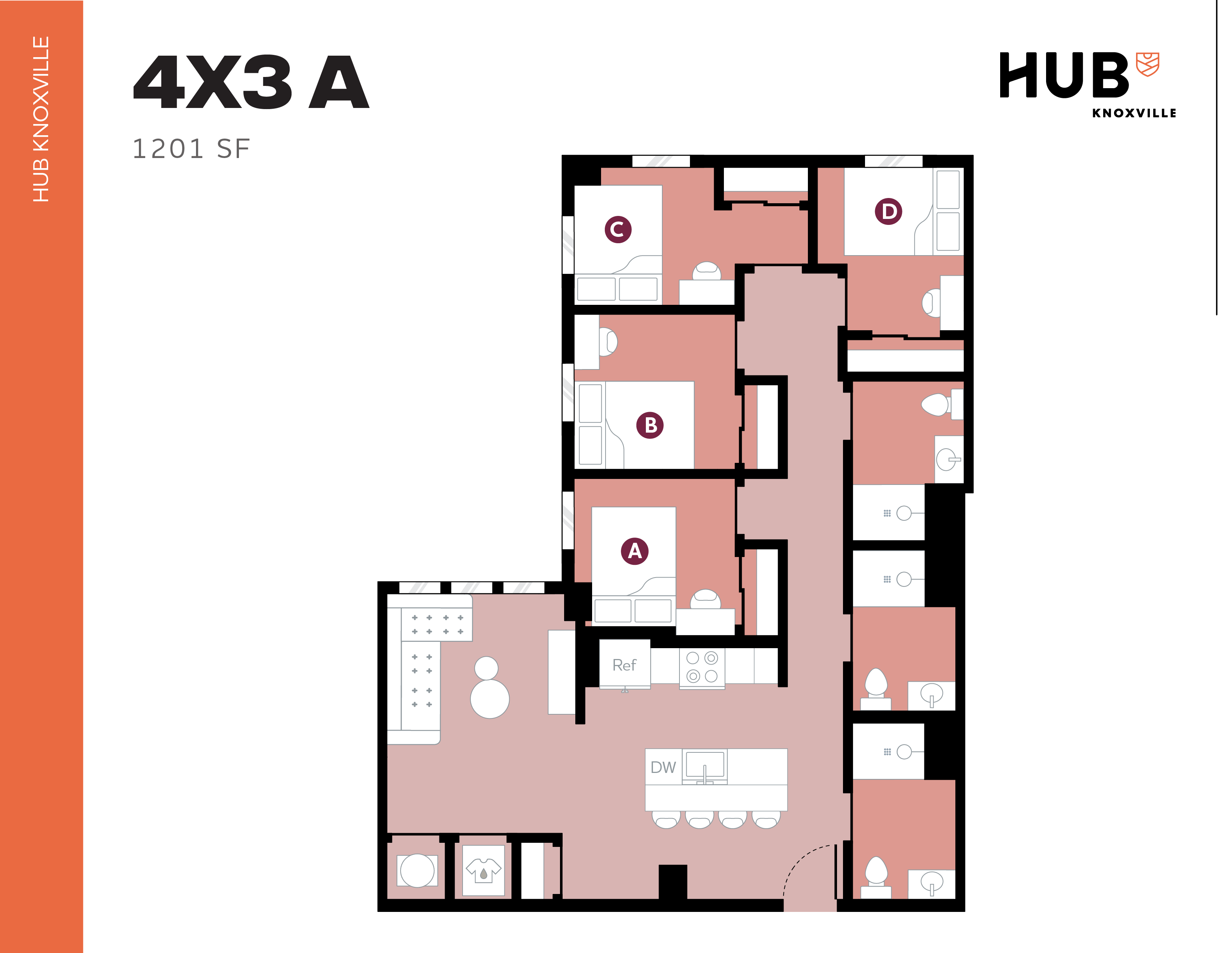 Contemporary floor plan for Hub Knoxville showcasing a 4-bedroom, 3-bathroom layout with modern kitchen and spacious living area, 1201 sq ft.