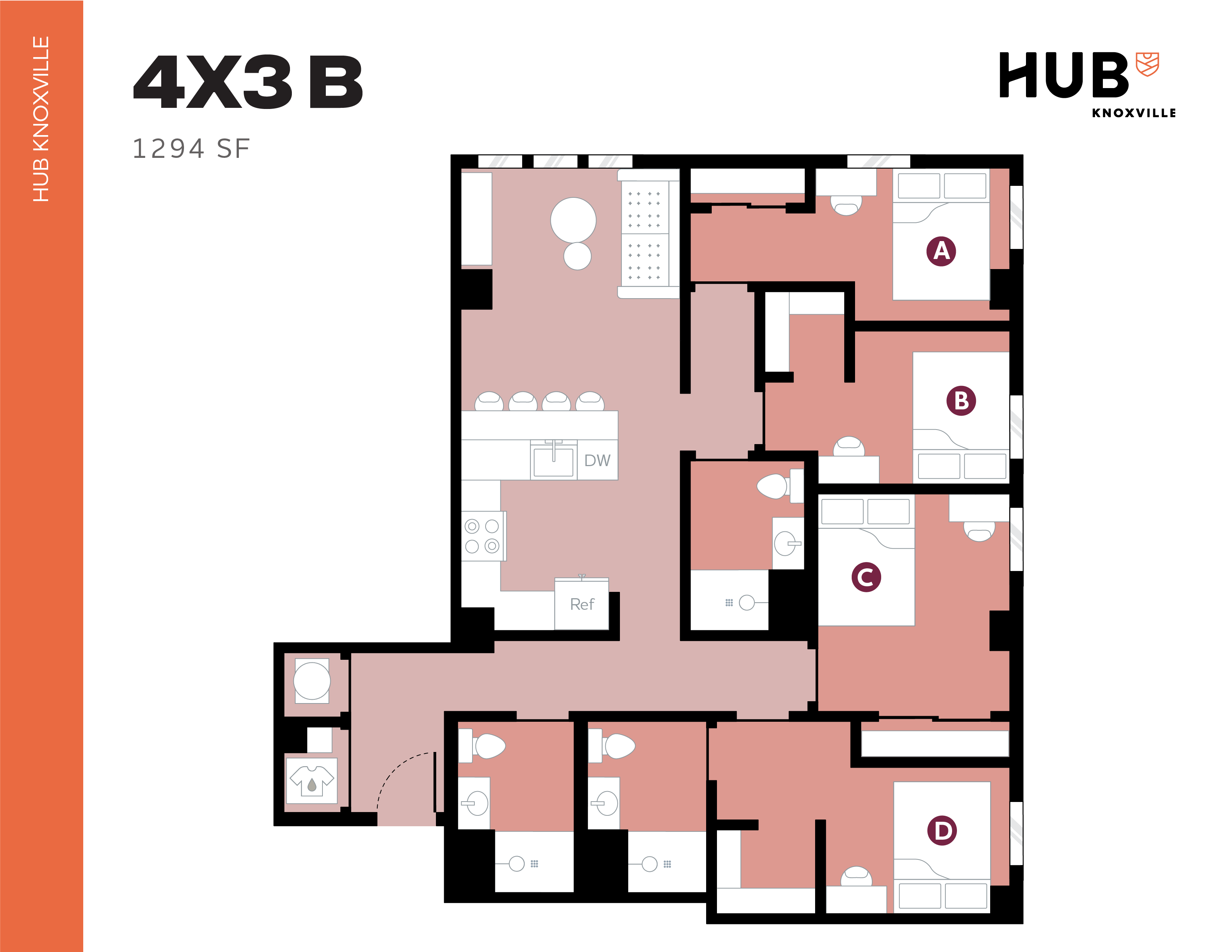 Modern 4-bedroom, 3-bathroom floor plan at Hub Knoxville offering 1294 sq ft of stylish living space.