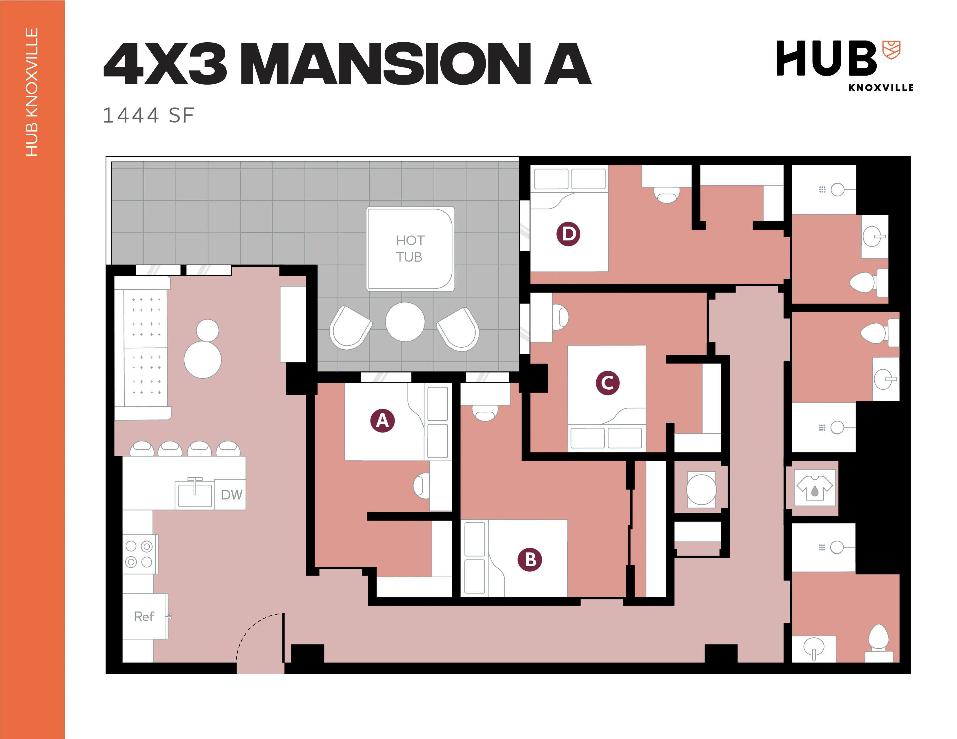 Dynamic 4X3 Mansion A floor plan showcasing spacious 4 bedrooms, modern kitchen, ample living space, and a luxurious outdoor hot tub area.