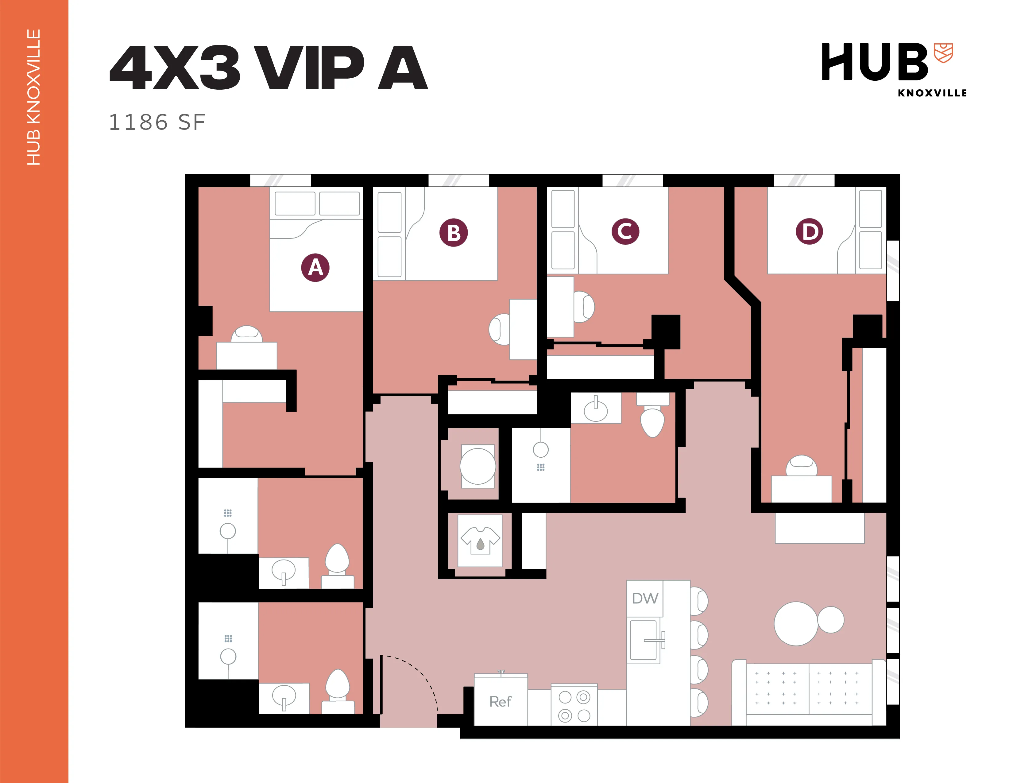 Modern 2D floor plan labeled '4X3 VIP A' featuring 4 bedrooms and 3 bathrooms, designed for optimal space utilization in a spacious 1186 sq ft layout.