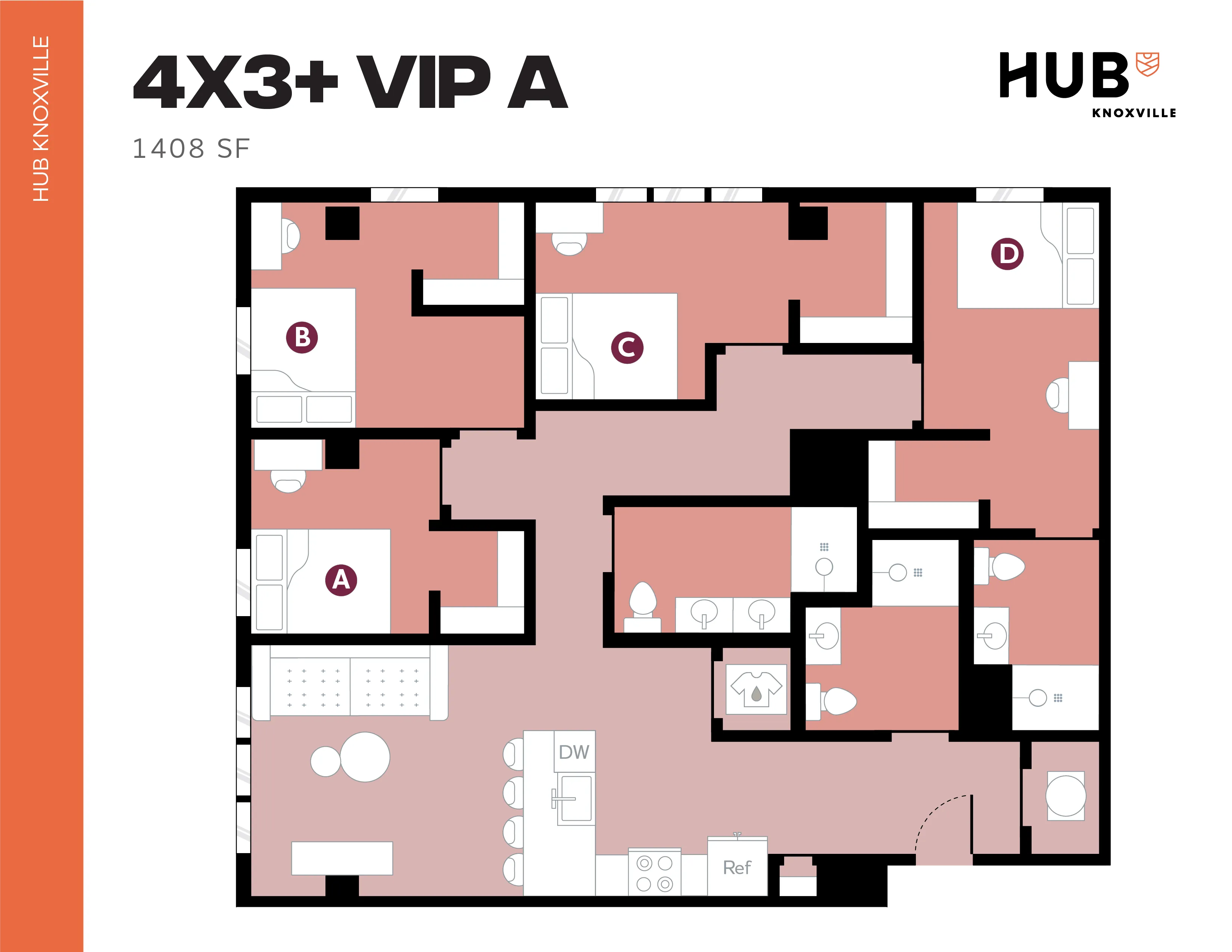 Modern floor plan for HUB Knoxville, 4X3+ VIP A, featuring 4 bedrooms, open living space, and fully-equipped kitchen, 1408 sq ft.
