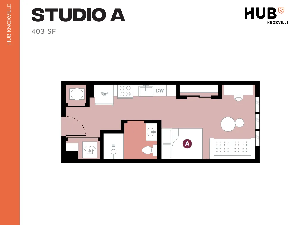 Modern Studio A floor plan featuring an open-concept living area, kitchenette with dishwasher, cozy sleeping space, and bathroom in 403 square feet at Hub Knoxville.
