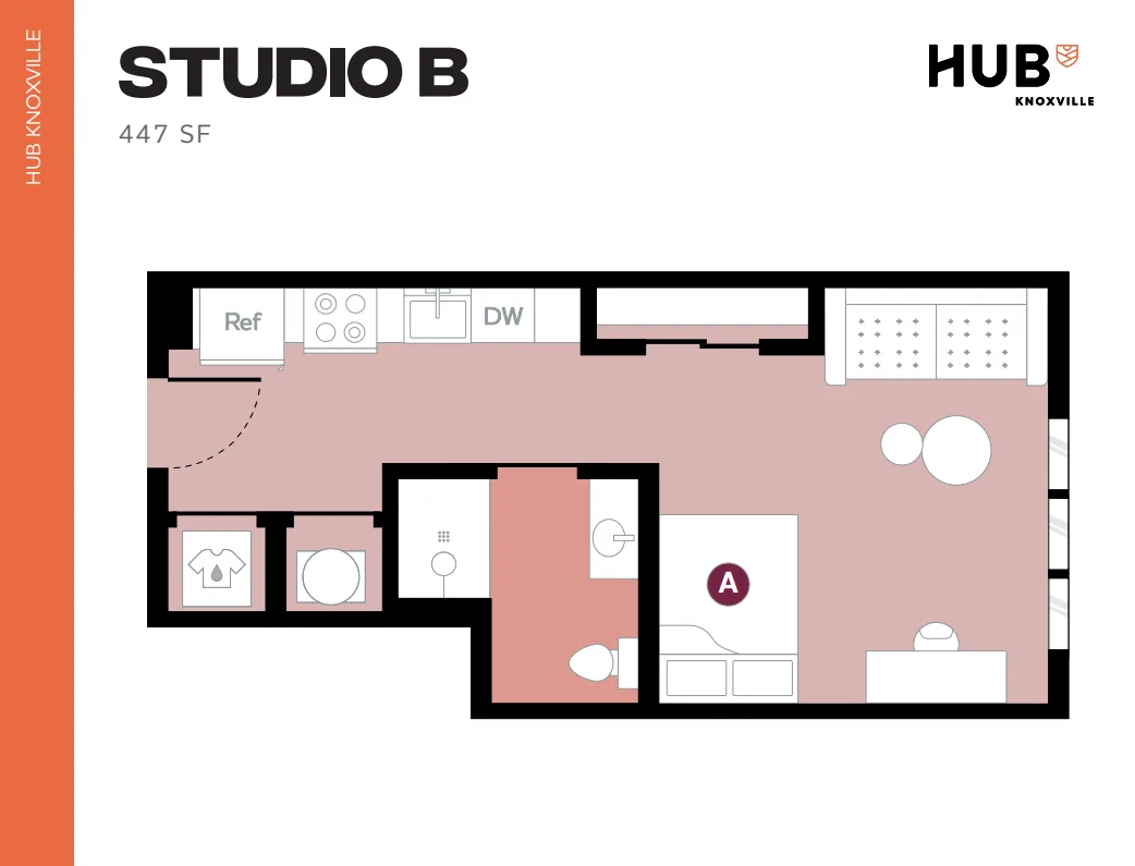 Modern Studio B floor plan at Hub Knoxville, 447 sq ft, featuring an open layout with kitchen, cozy sleeping area, and functional living space.