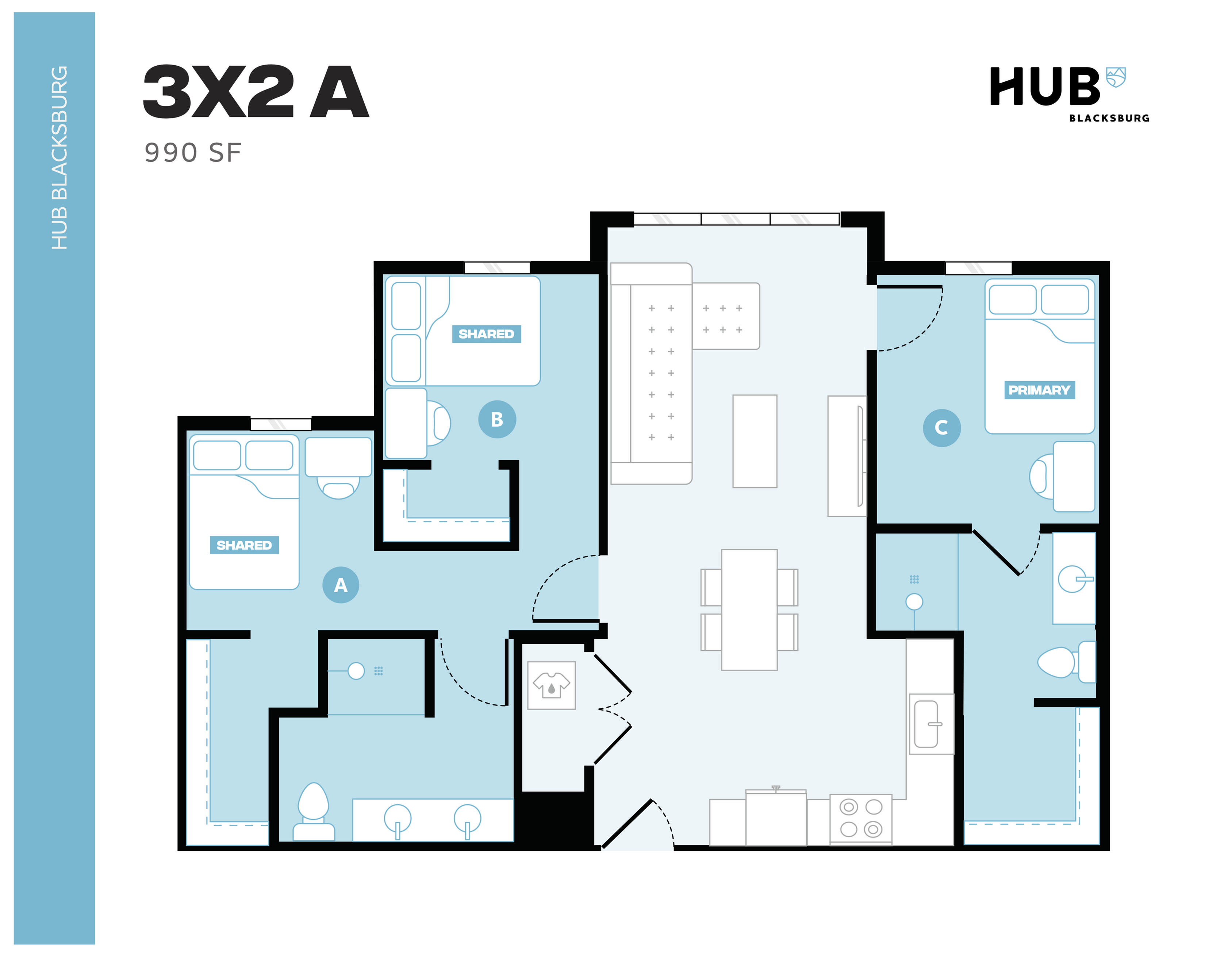 Modern 3-bedroom apartment floor plan at Hub Blacksburg, featuring 990 sq ft with shared and primary bedrooms, open living and dining area, and sleek kitchen layout.