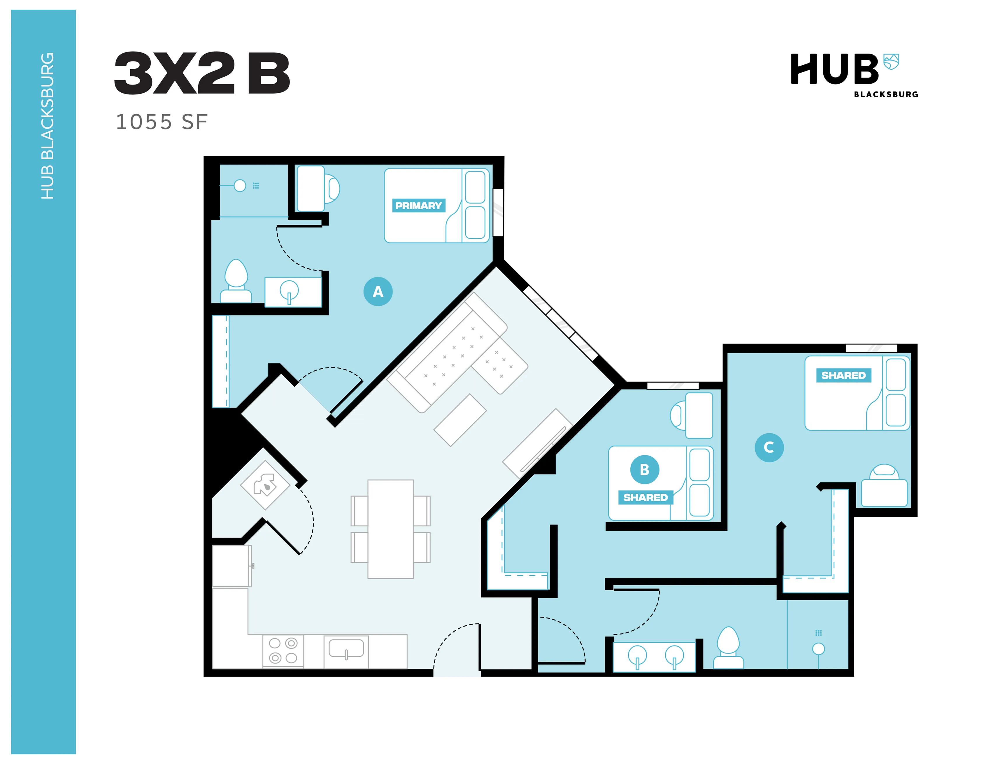 Modern 3-bedroom floor plan at Hub Blacksburg featuring a primary suite, open kitchen, and spacious living area, 1055 sq ft.