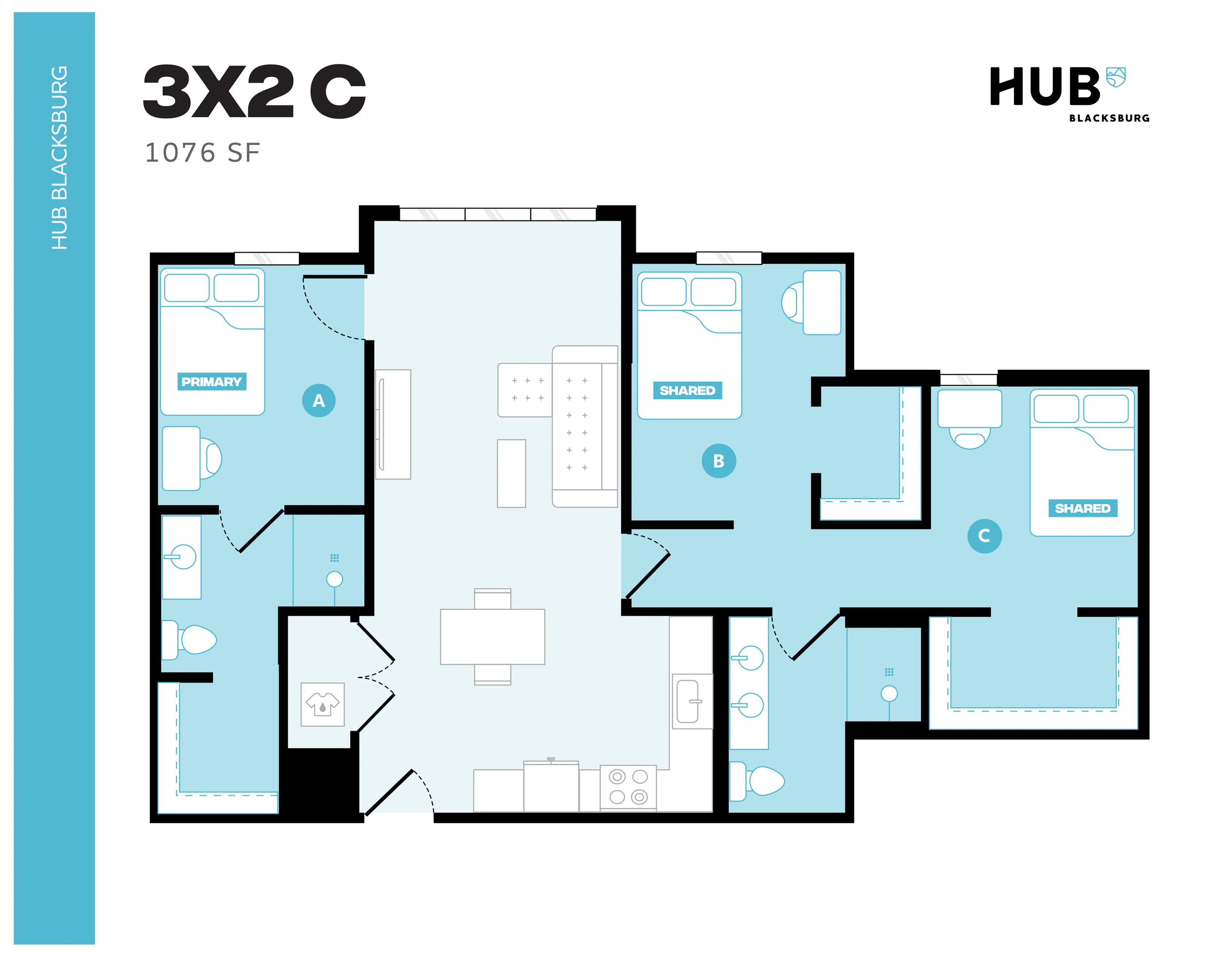 Modern 3-bedroom floor plan at Hub Blacksburg, featuring a spacious open-concept living area and kitchen, spanning 1076 sq ft.
