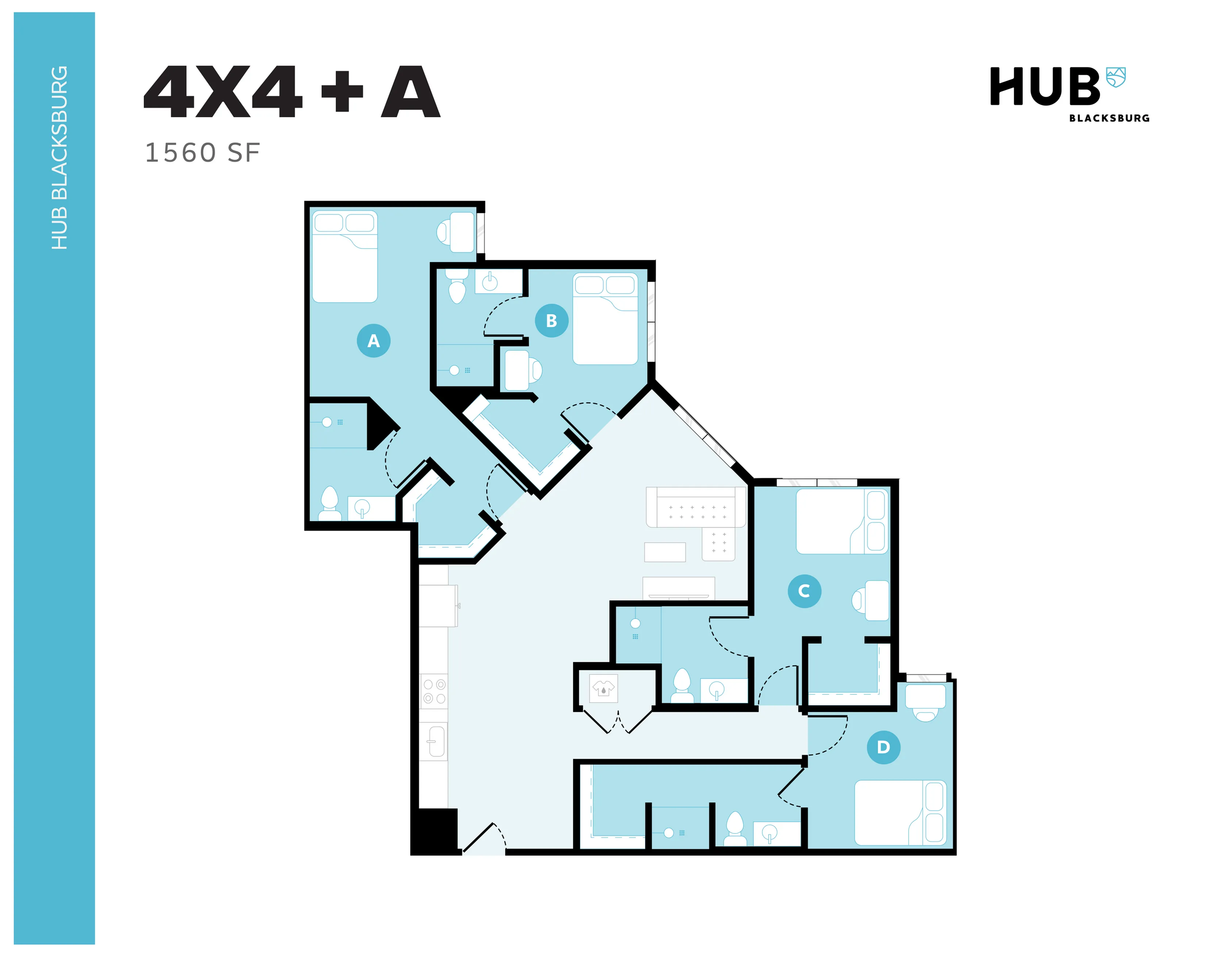 Contemporary 4-bedroom apartment floor plan at Hub Blacksburg, featuring expansive common areas and private bathrooms, totaling 1560 square feet.