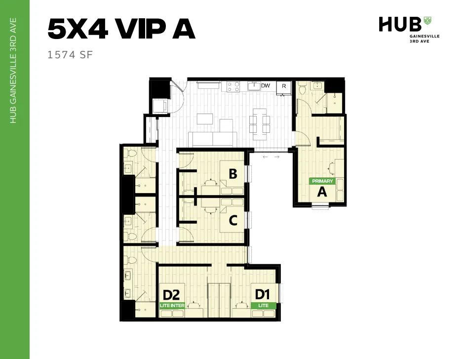 Spacious 5X4 VIP A floor plan at HUB Gainesville 3rd Ave, featuring 1574 sq ft with five bedrooms, modern kitchen, and open living area.