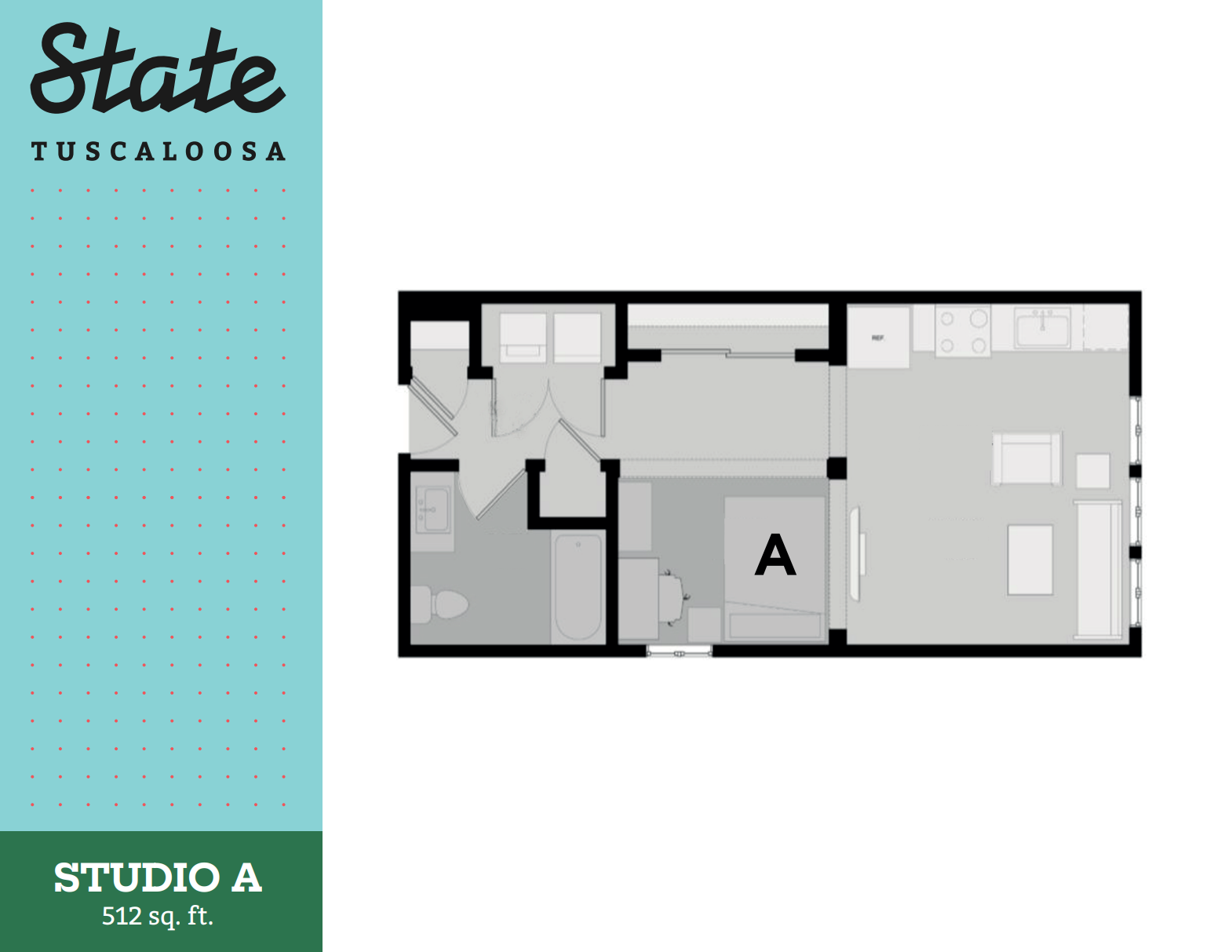 Modern Studio A floor plan at State Tuscaloosa with 512 sq. ft., featuring an open living area, cozy bedroom space, and a compact kitchen.