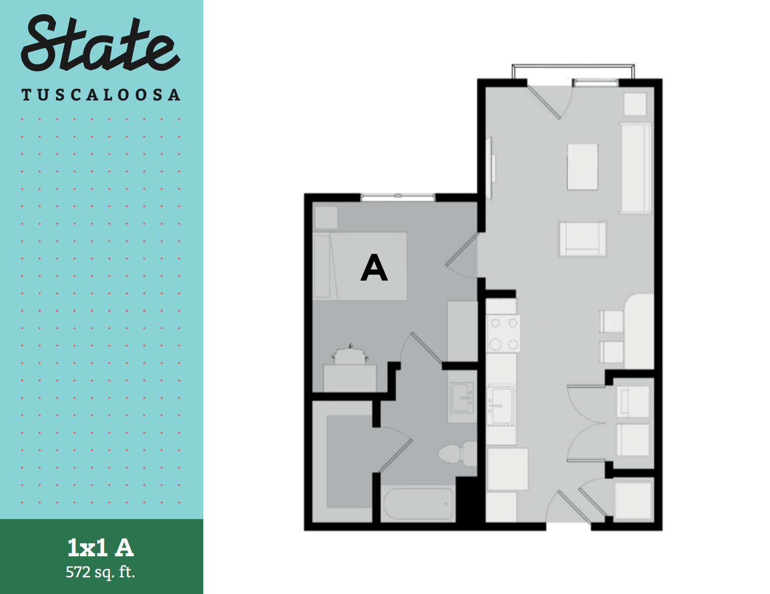State Tuscaloosa 1x1 A floor plan offering 572 sq. ft. with a cozy single bedroom, a stylish open-concept living space, and a modern kitchen.