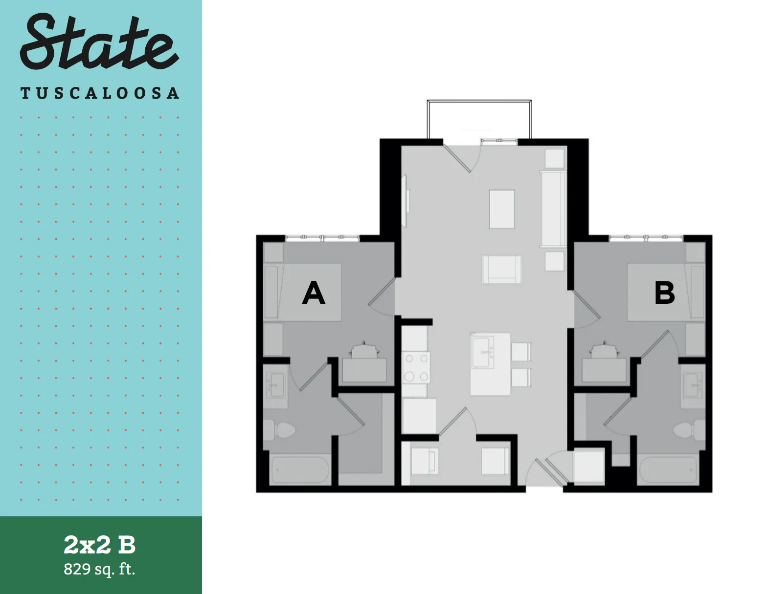 Chic layout of a 2x2 apartment at State Tuscaloosa, highlighting 2 bedrooms with en-suite baths, open living area, and modern kitchen, totaling 829 sq. ft.