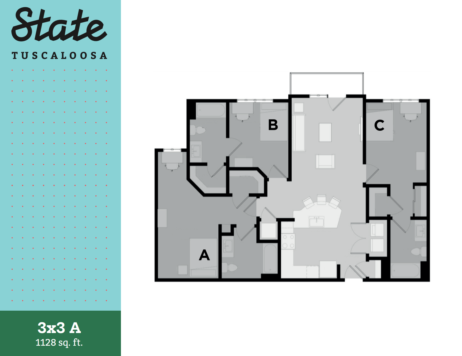 Inviting floor plan for State Tuscaloosa, featuring three bedrooms, open living and dining area, and modern kitchen, spanning 1128 sq. ft.
