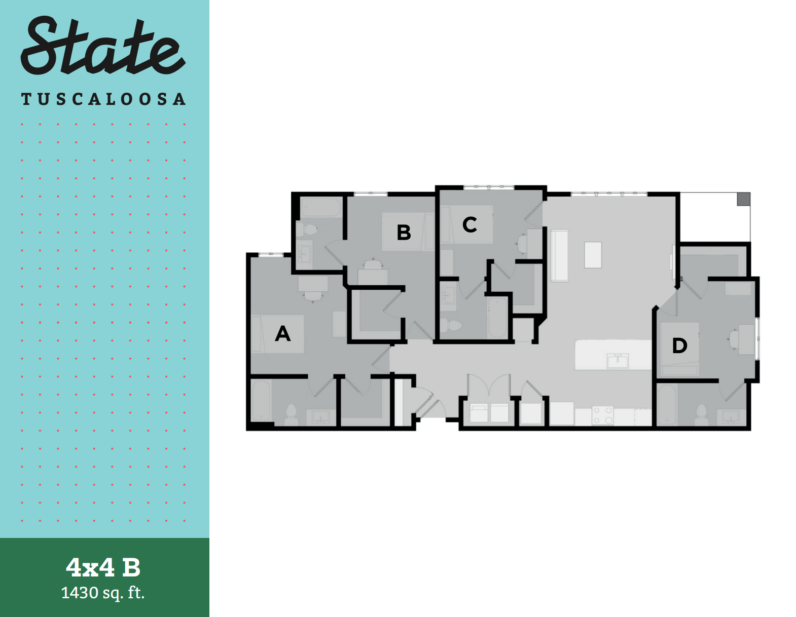 State Tuscaloosa 4x4 B floor plan with 4 bedrooms and spacious living area, 1430 sq ft, modern layout.