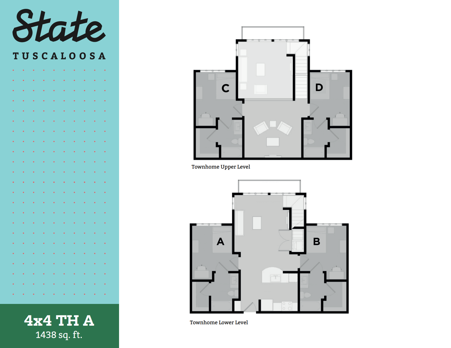 Modern 4x4 TH A floor plan at State Tuscaloosa showcasing expansive 1438 sq. ft., with four bedrooms, upper and lower levels, and open living spaces.