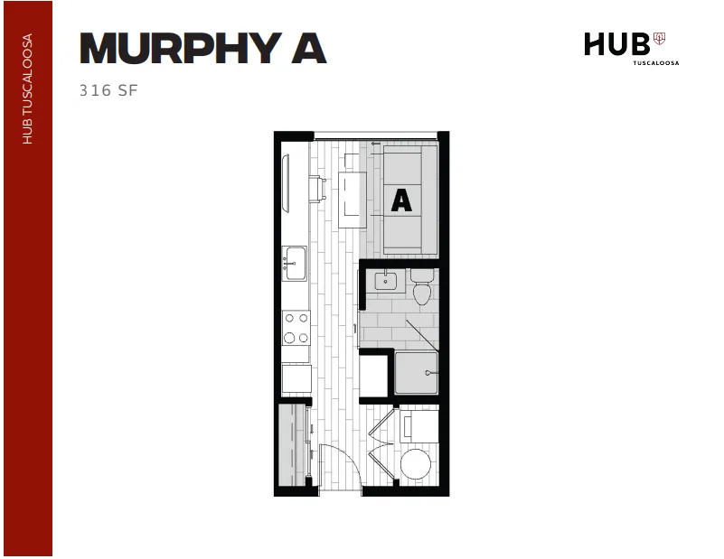 Efficient Murphy A floor plan at Hub Tuscaloosa, featuring a 316 SF layout with a cozy bedroom, modern kitchen, and smartly designed living area.