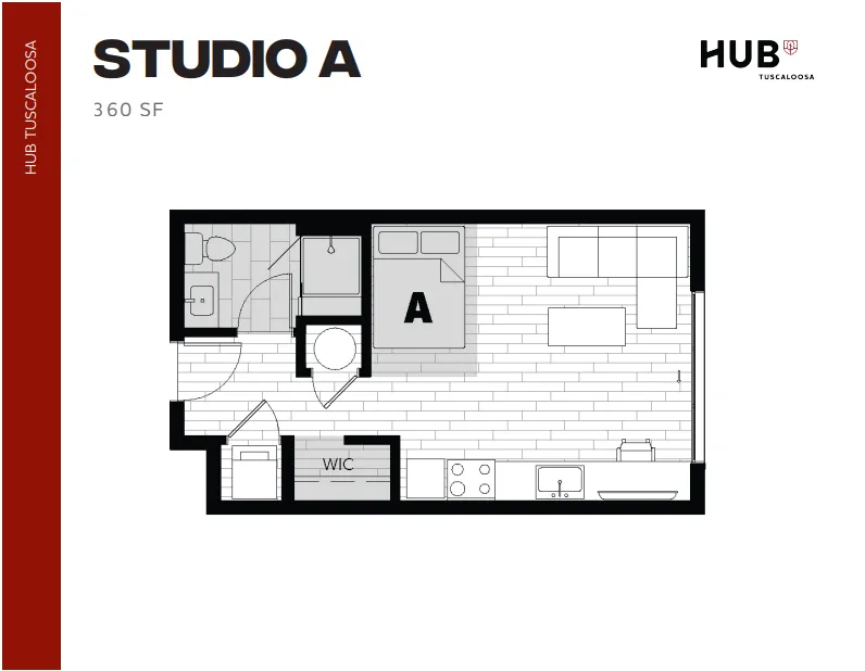 Compact Studio A floor plan featuring an efficient kitchen, cozy living space, and a comfortable sleeping area in 360 square feet, perfect for modern urban living.