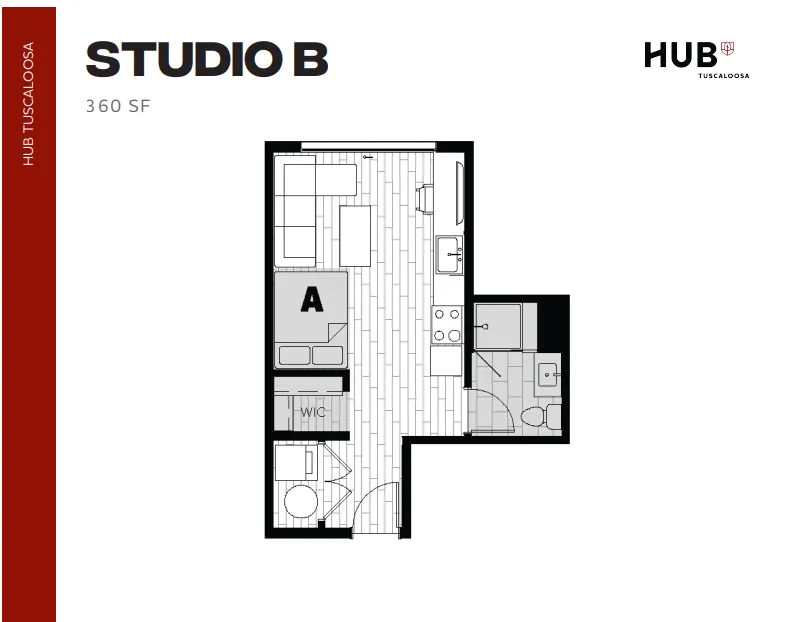 Efficient studio floor plan at HUB Tuscaloosa, 360 sq ft, includes a cozy living area, compact kitchen, and modern bathroom.