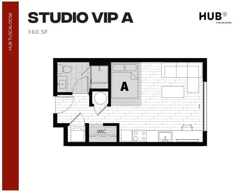 Modern studio VIP A floor plan featuring open-concept living space, cozy bedroom, efficient kitchen, and stylish bathroom in 360 sq ft.