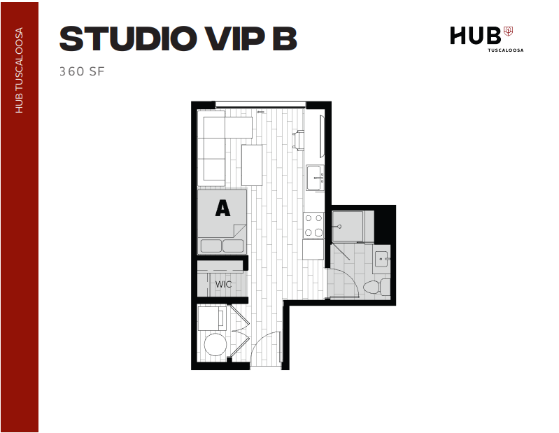 Modern Studio VIP B floor plan at Hub Tuscaloosa featuring an efficient open layout with a bedroom, walk-in closet, kitchen, and bathroom, covering 360 square feet.