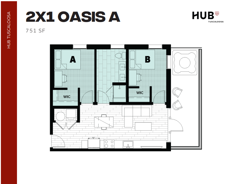 Modern 2-bedroom Oasis A floor plan with 751 sq ft, featuring walk-in closets, a chic open-concept living area, and a cozy outdoor space at Hub Tuscaloosa.