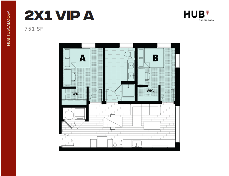 Modern 2X1 VIP A floor plan featuring two bedrooms with walk-in closets, sleek bathrooms, and an inviting open-concept living and dining area in 751 square feet.