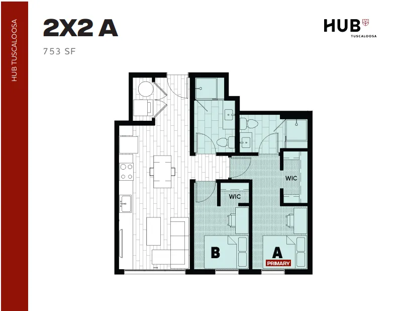 Chic floor plan for a 2-bedroom, 2-bath apartment at Hub Tuscaloosa, featuring modern open-concept living space and spacious walk-in closets in 753 sq ft.