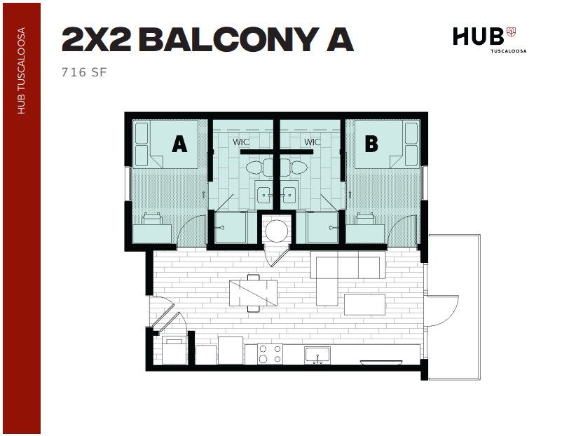 Contemporary 2x2 apartment floor plan with balcony, featuring two spacious bedrooms, modern kitchen, and cozy living area, totaling 716 sq ft at Hub Tuscaloosa.
