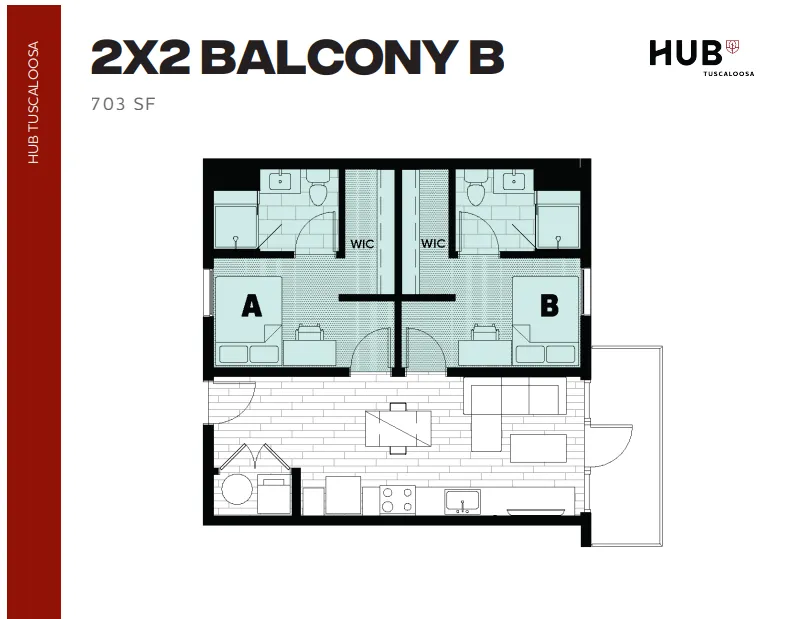 Chic floor plan of a 2x2 balcony apartment featuring two spacious bedrooms with en-suite bathrooms, walk-in closets, and an open living area, totaling 703 square feet at Hub Tuscaloosa.