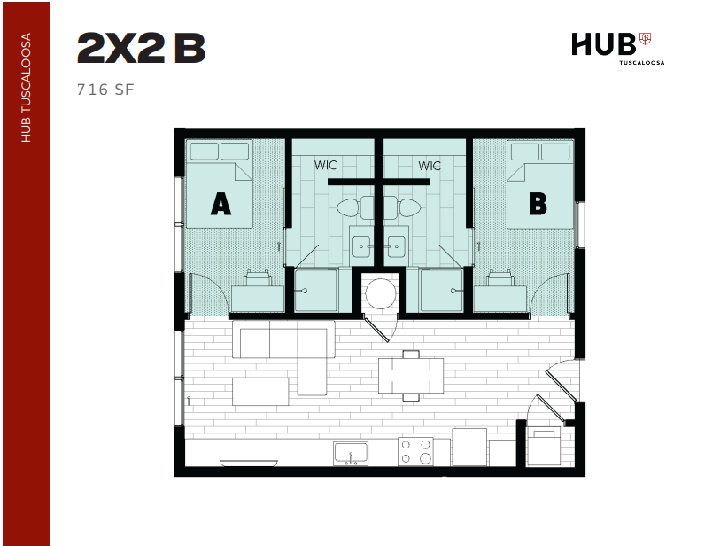 Modern 2-bedroom floor plan at HUB Tuscaloosa, featuring spacious living area, kitchen with dining space, and 716 sq ft layout.