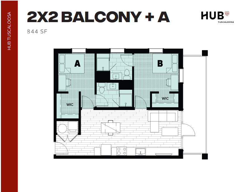 Modern 2x2 floor plan with balcony, featuring two spacious bedrooms, stylish living area, and efficient kitchen layout, 844 sq ft.
