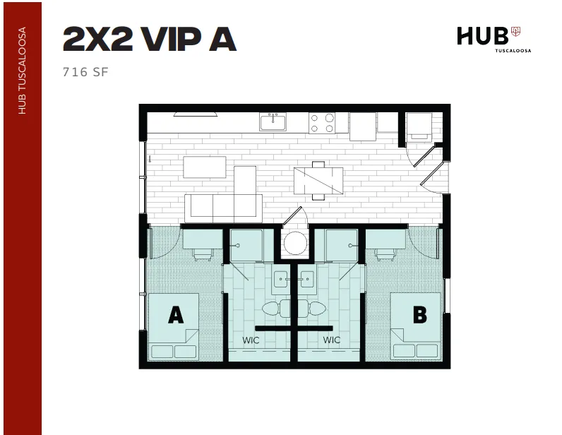 Modern floor plan for 2x2 VIP A at Hub Tuscaloosa, featuring two bedrooms with walk-in closets, a spacious living area, and a sleek kitchen within 716 sq ft.