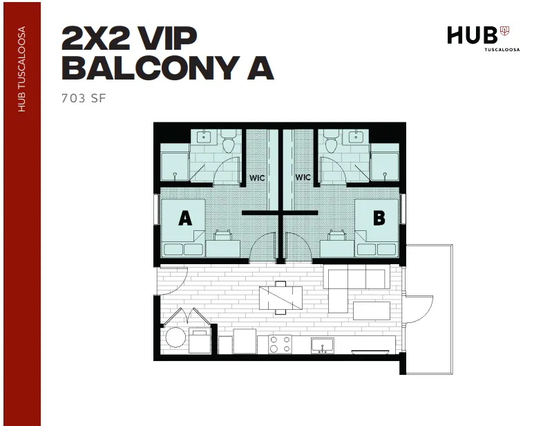 Modern 703 sq ft floor plan for 'Hub Tuscaloosa' featuring a 2x2 VIP Balcony layout with two spacious bedrooms, each with its own bathroom and walk-in closet, open living area and kitchen.
