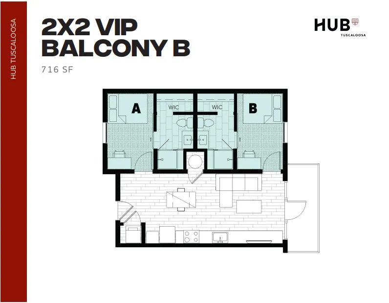 Modern 2x2 VIP balcony floor plan featuring two bedrooms, two bathrooms, and a spacious open living area at Hub Tuscaloosa, 716 sq ft.