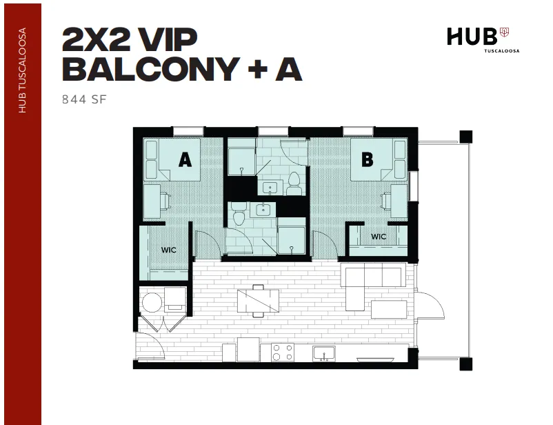 Modern 2x2 VIP floor plan featuring a spacious balcony, two elegant bedrooms with en-suite bathrooms, and a sleek open-concept living area in 844 sq ft.