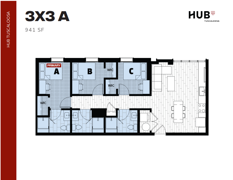 Modern 3-bedroom floor plan with spacious open living area, stylish kitchen, and 3 bathrooms in a 941 sq ft layout.