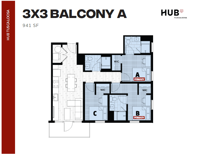 Contemporary 3-bedroom, 3-bathroom apartment floor plan with balcony, featuring open-concept kitchen and living area, ideal for modern living.