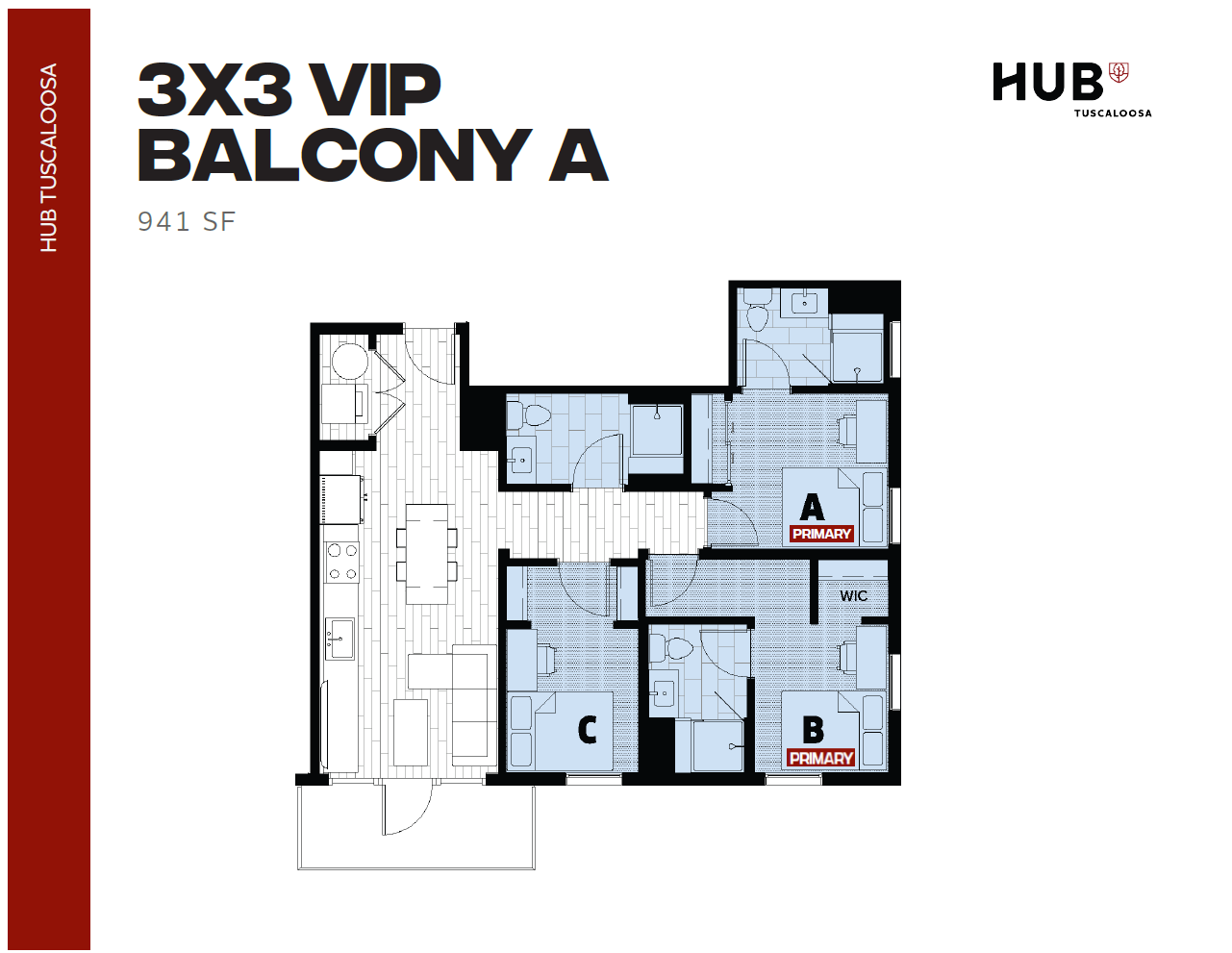 Modern 3x3 VIP Balcony A floor plan with 3 bedrooms, each with an en-suite bathroom, spacious living area, and stylish kitchen in 941 sq ft at Hub Tuscaloosa.