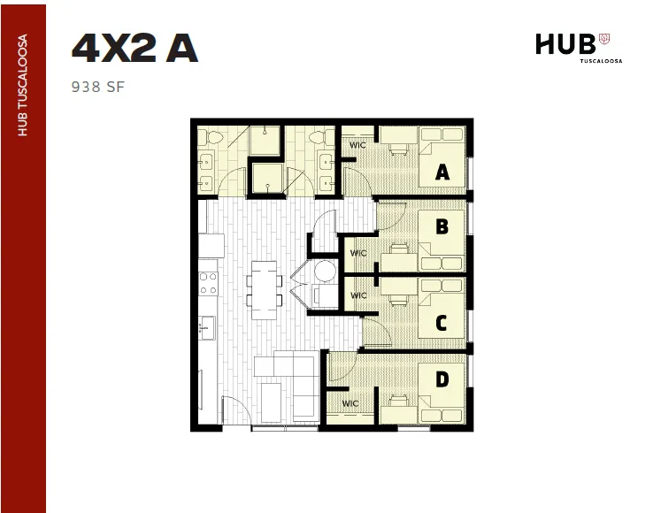 Modern 4X2A floor plan in HUB Tuscaloosa featuring 4 bedrooms, an open kitchen with island, and two bathrooms in a sleek 938 sq ft layout.
